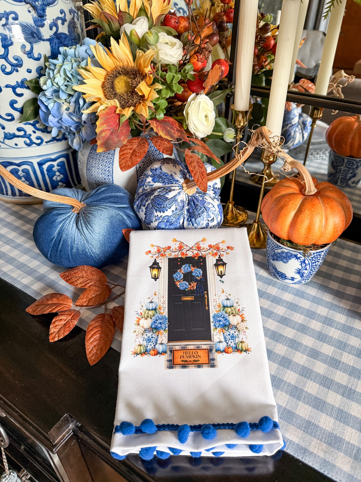 Blue Chinoiserie Fall Front Door Kitchen Towel | Plain, Ric Rac & Pom Pom Trim