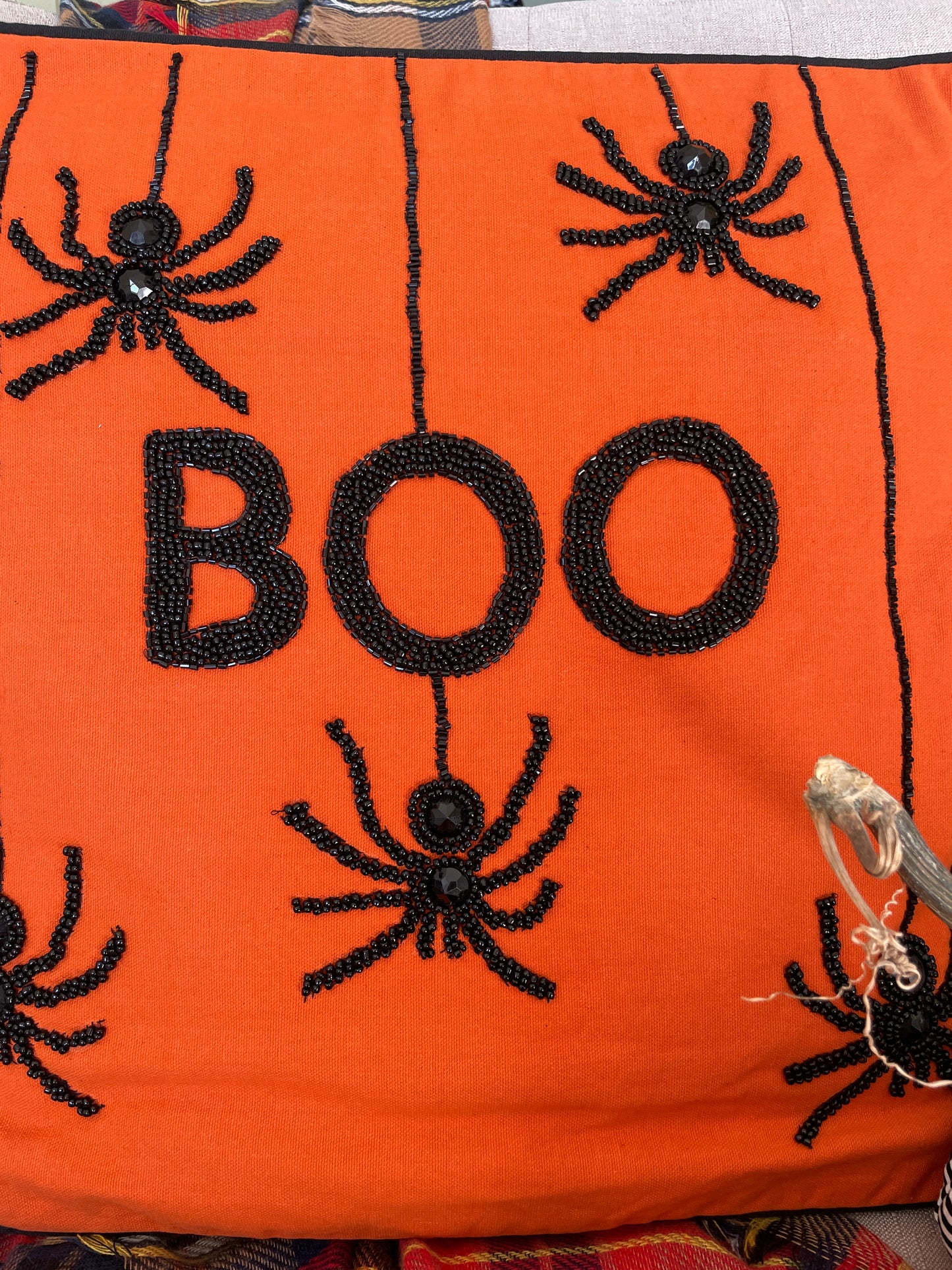 Beaded Boo Halloween Pillow With Spiders