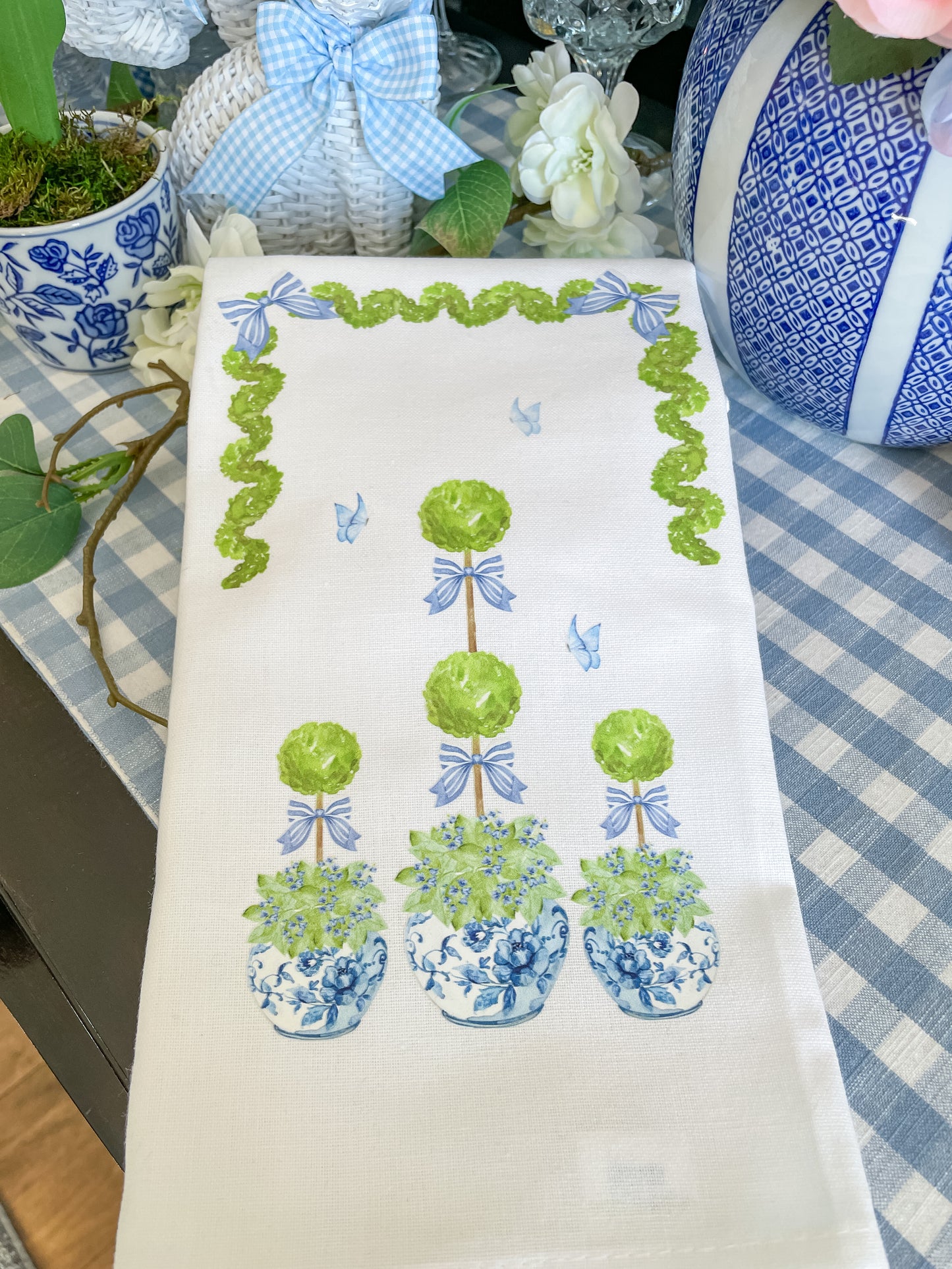 Chinoiserie Topiary and Bows Kitchen Towel