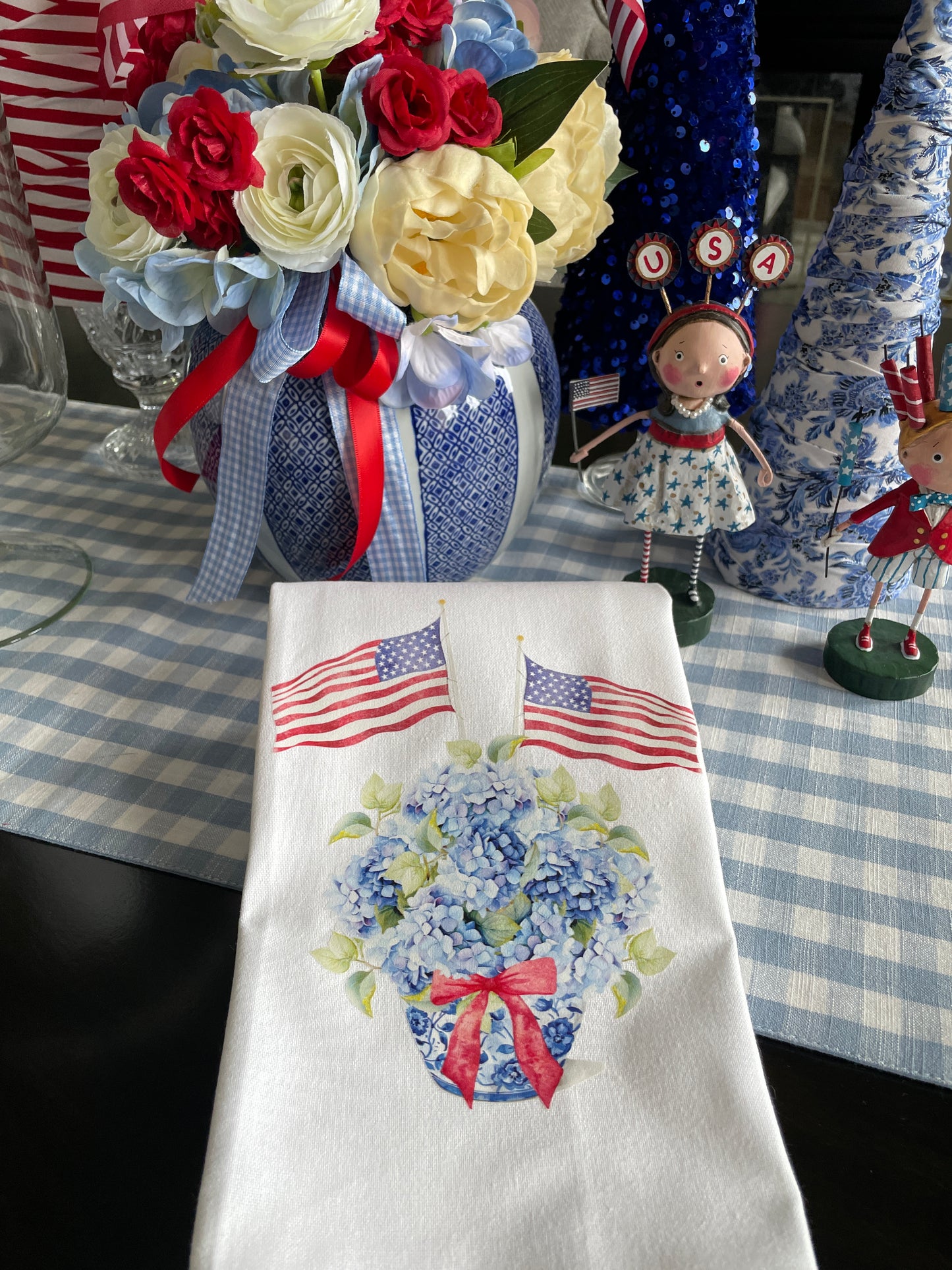 Patriotic Chinoiserie Jar with Hydrangea and Flags Kitchen Towel