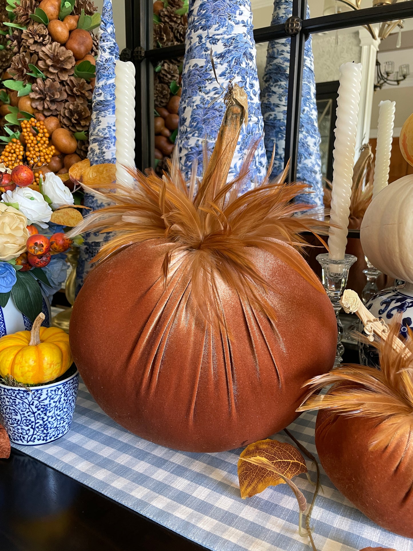 Velvet Pumpkin in Copper with Copper & Cream Feathers
