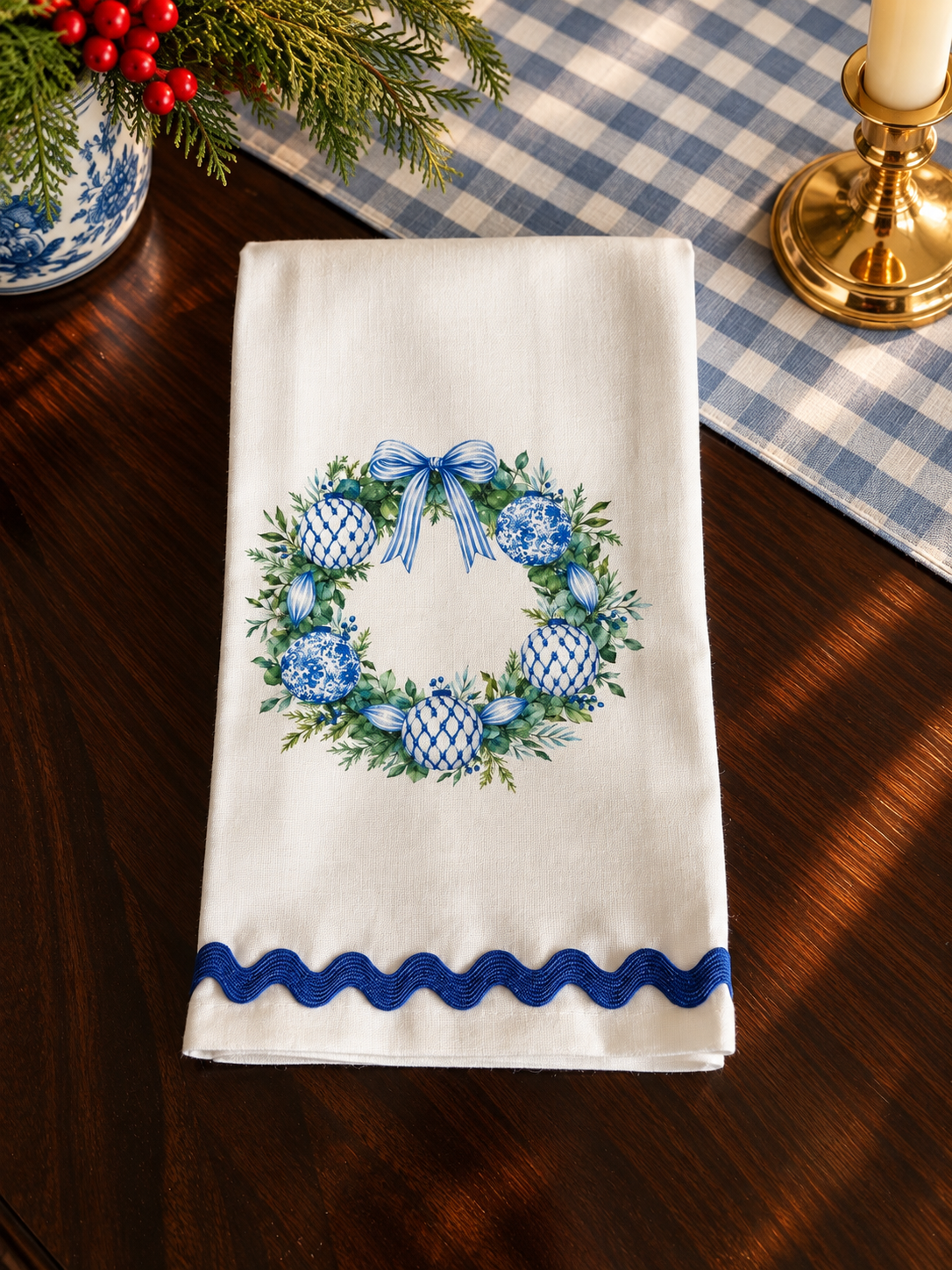 Blue Chinoiserie Ornament Wreath Christmas Kitchen Towel | Plain, Ric Rac & Pom Pom Trim