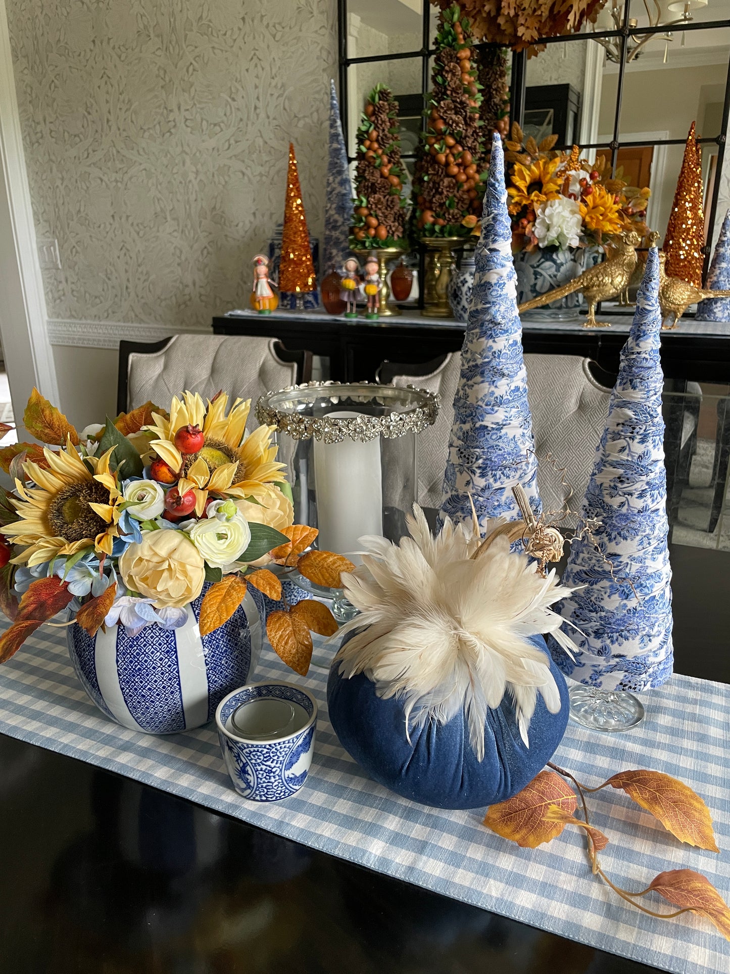 Ocean Blue Pumpkin with Feathers