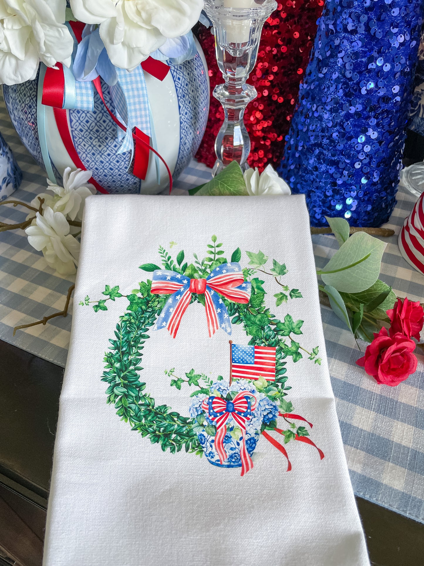 Patriotic Wreath with Chinoiserie Jar