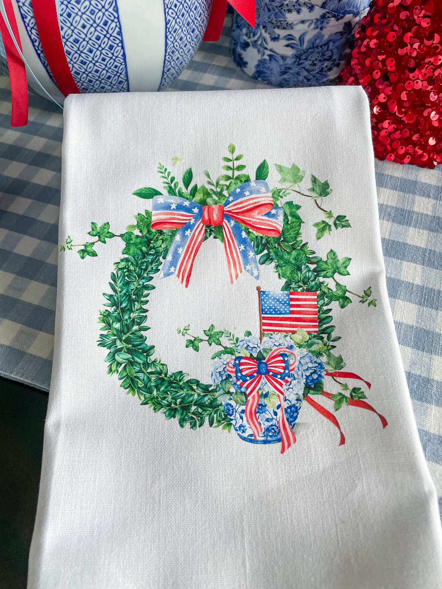 Patriotic Wreath with Chinoiserie Jar
