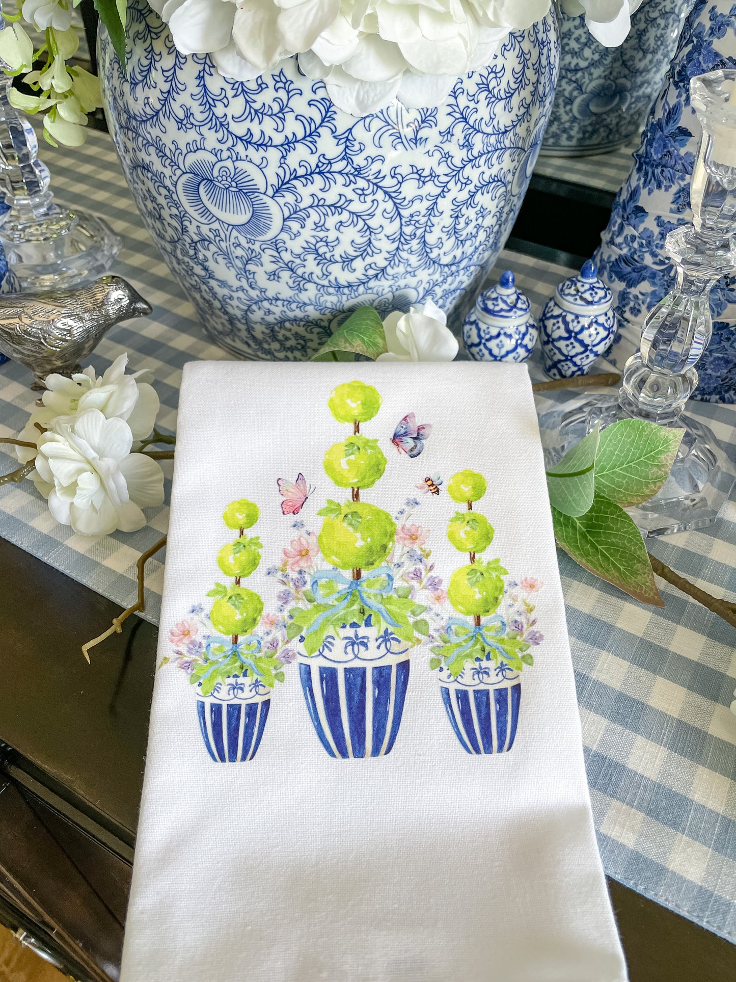 Chinoiserie Jar Topiaries with Butterflies Kitchen Towel