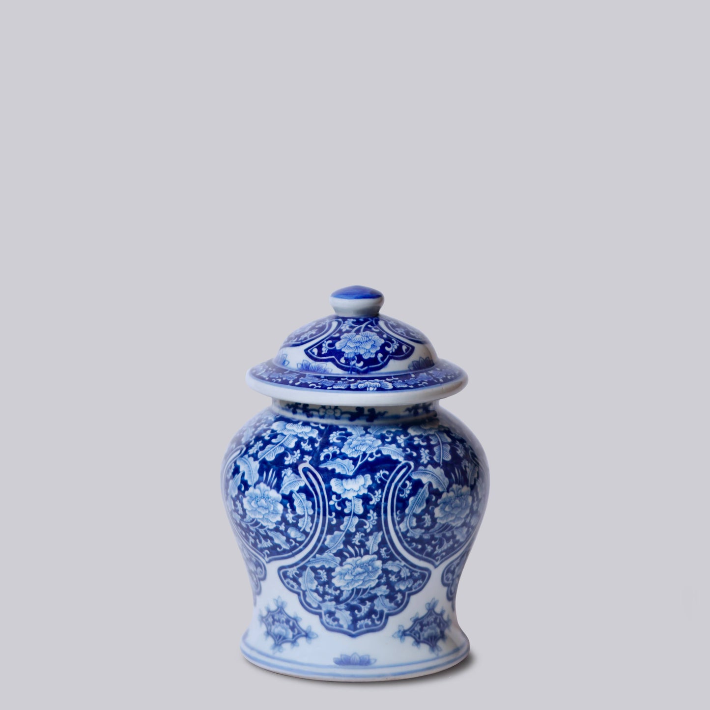 Blue and White Porcelain Floral Cartouche Temple Jar, 10"