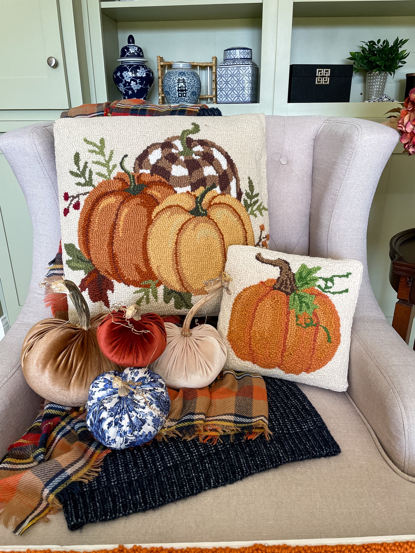 Gingham Pumpkin Trio Hook Pillow