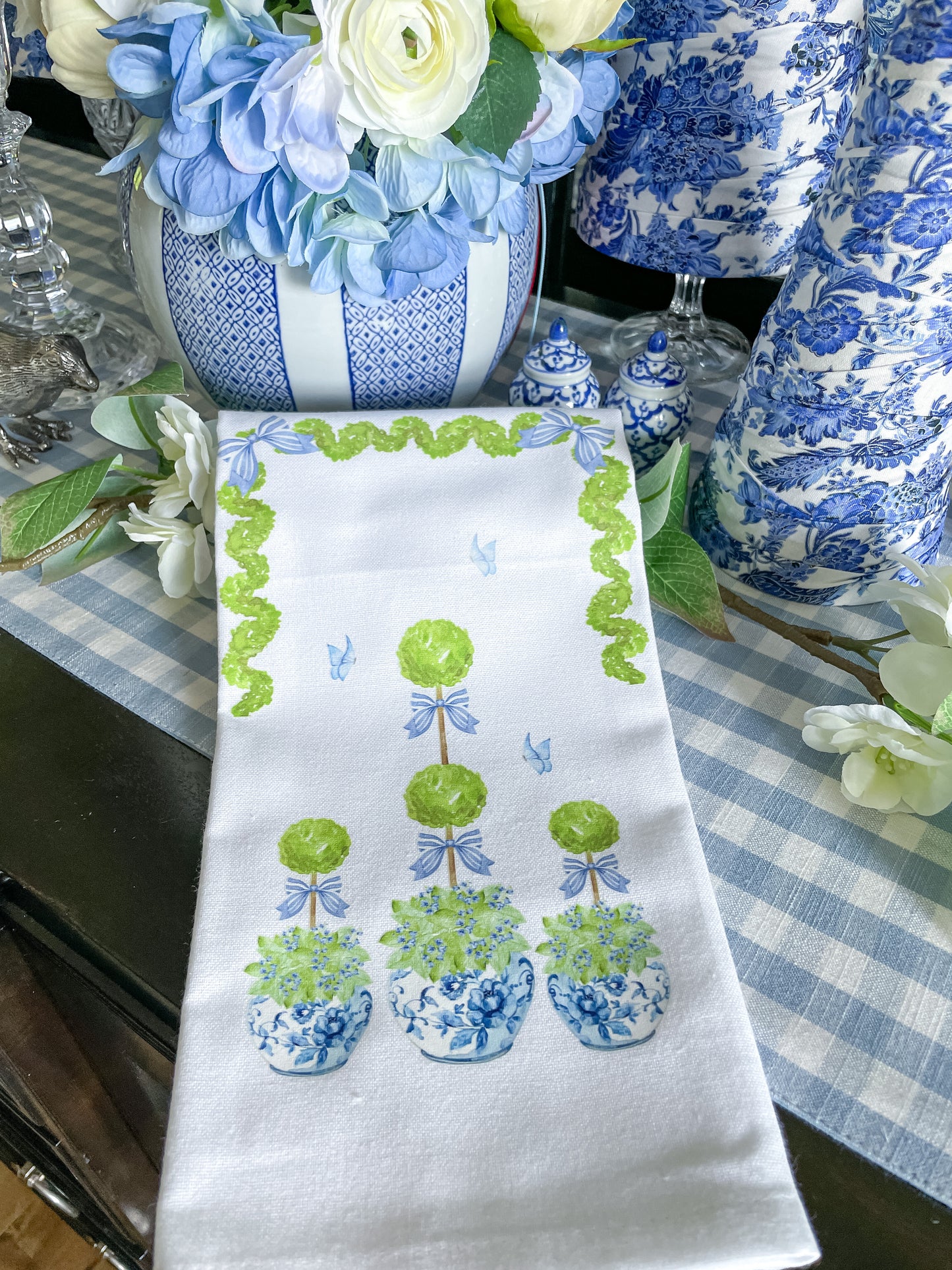 Chinoiserie Topiary and Bows Kitchen Towel