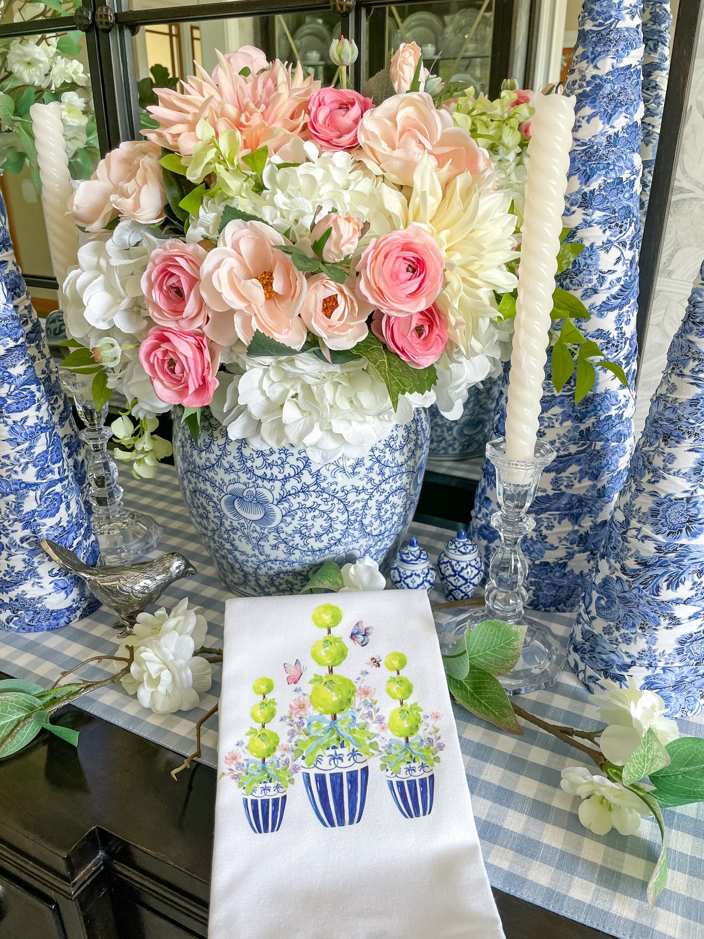 Chinoiserie Jar Topiaries with Butterflies Kitchen Towel