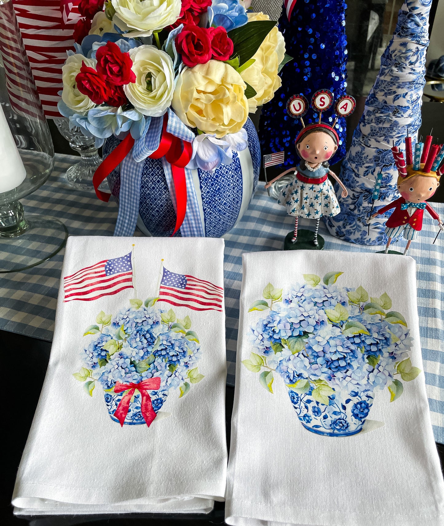 Patriotic Chinoiserie Jar with Hydrangea and Flags Kitchen Towel