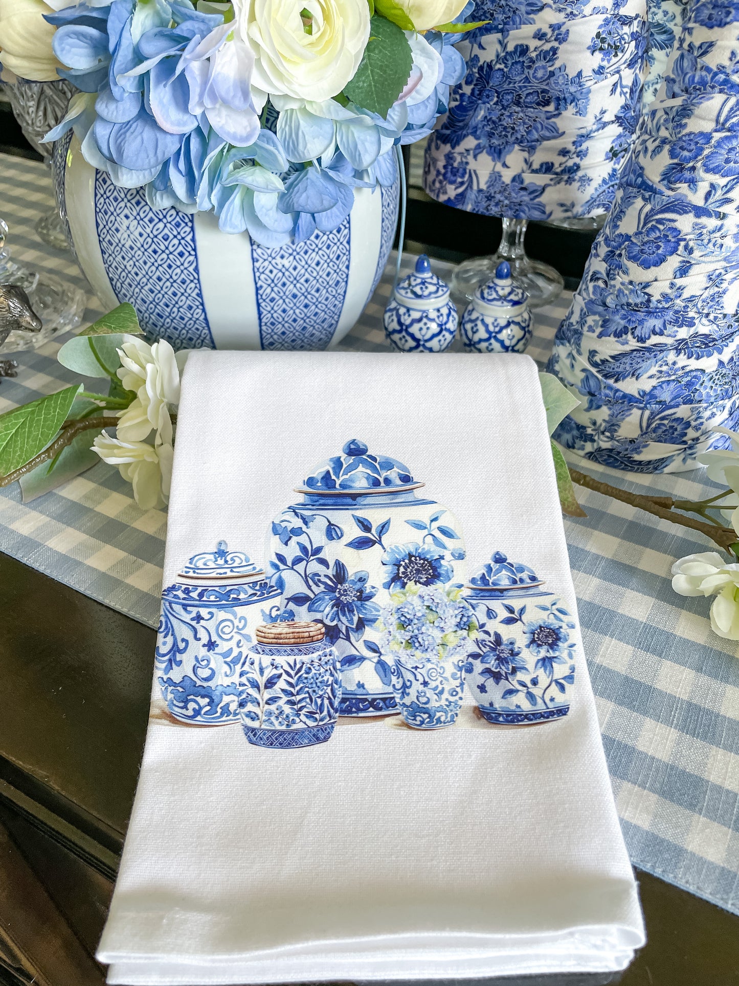 Chinoiserie Jars with Blue Hydrangeas Kitchen Towel
