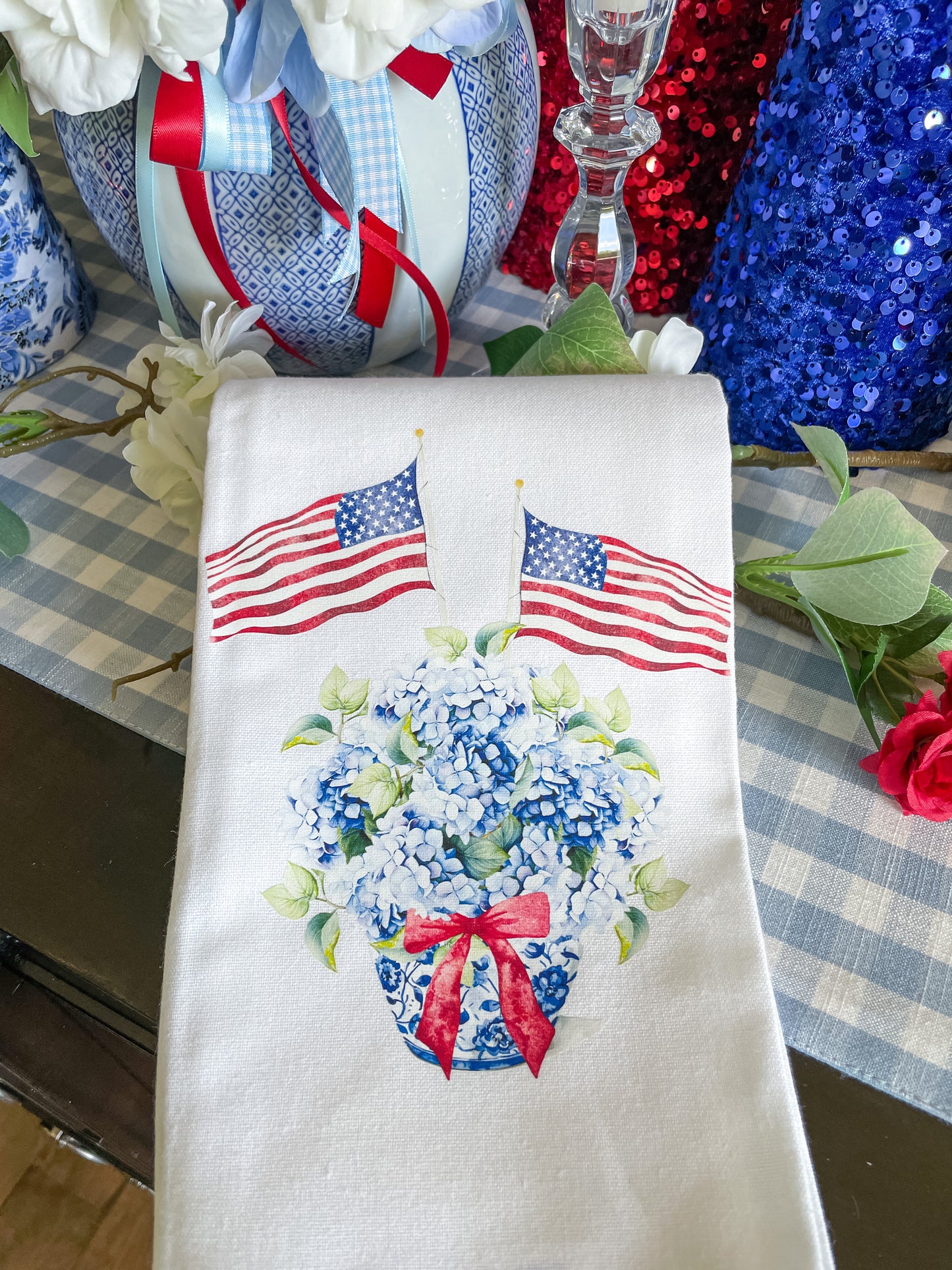 Patriotic Chinoiserie Jar with Hydrangea and Flags Kitchen Towel