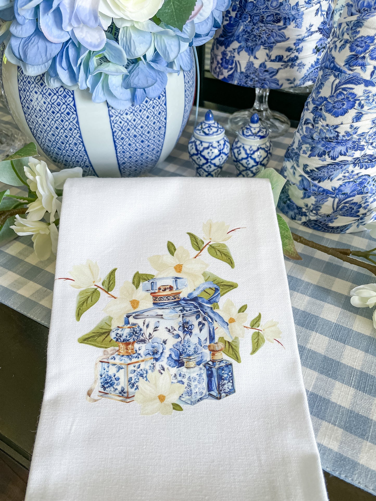 Chinoiserie Jar with Magnolia Kitchen Towel