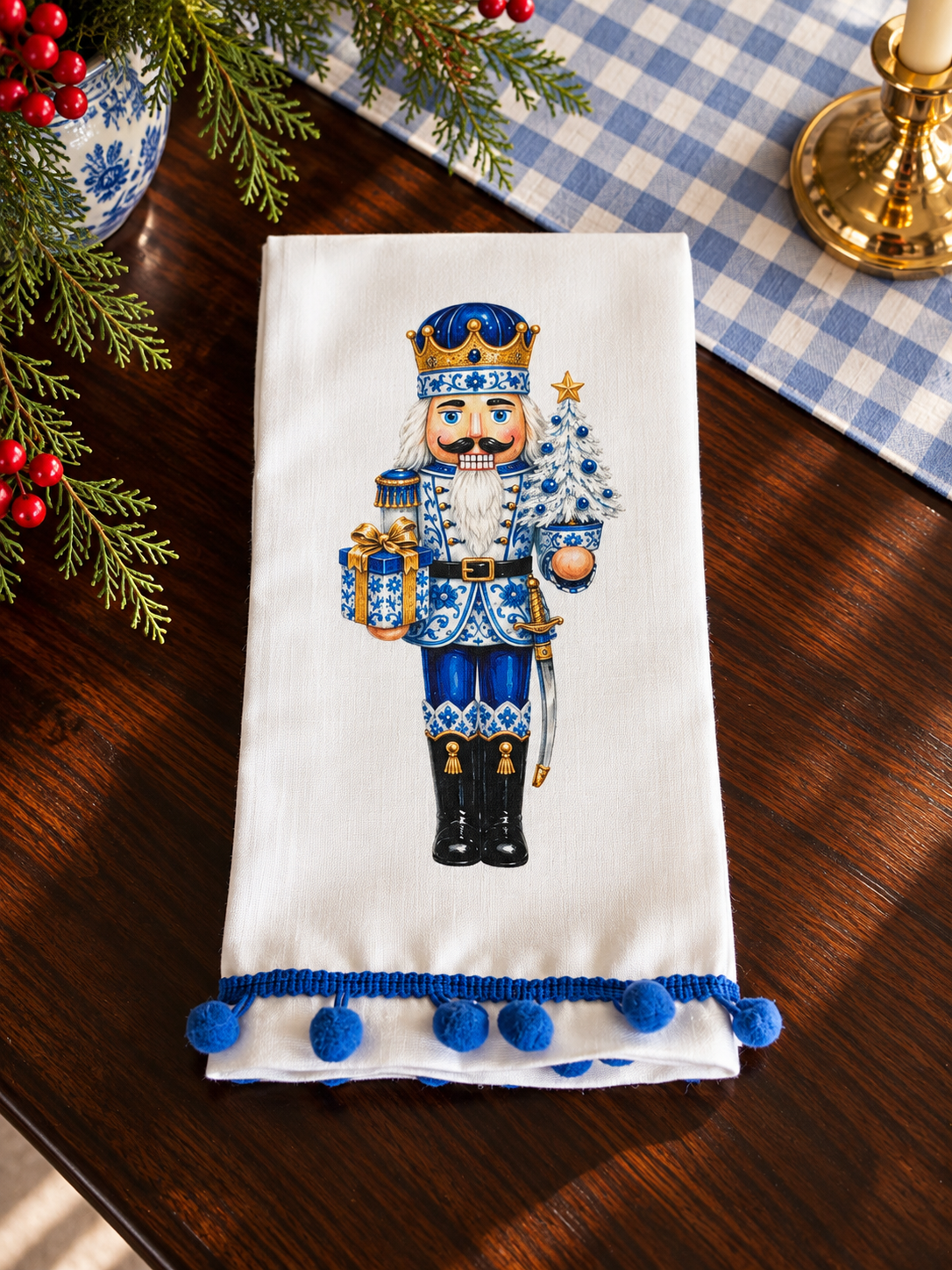 Blue Chinoiserie Nutcracker Christmas Kitchen Towel | Plain, Ric Rac & Pom Pom Trim