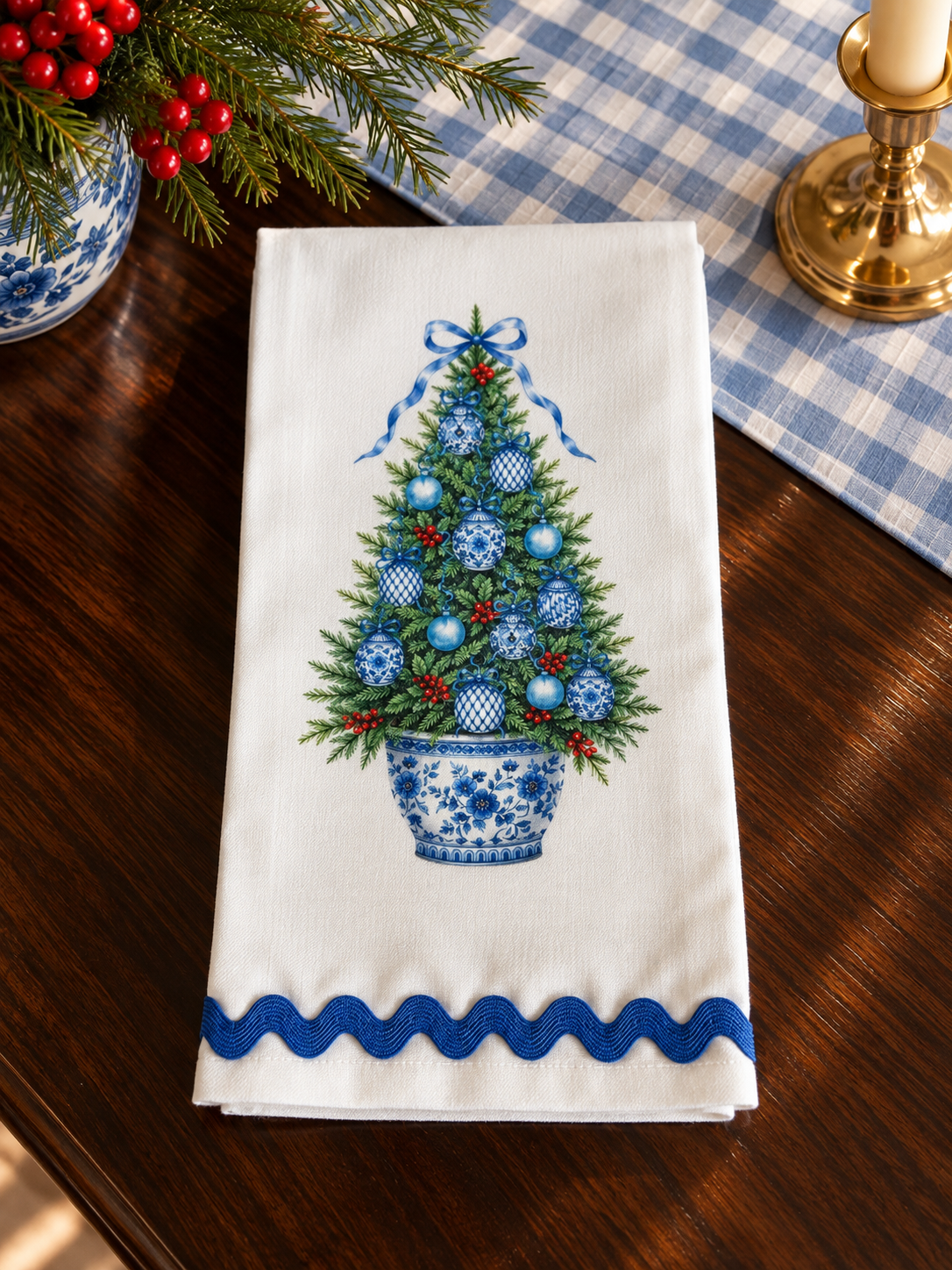 Blue Chinoiserie Christmas Tree Kitchen Towel | Plain, Ric Rac & Pom Pom Trim