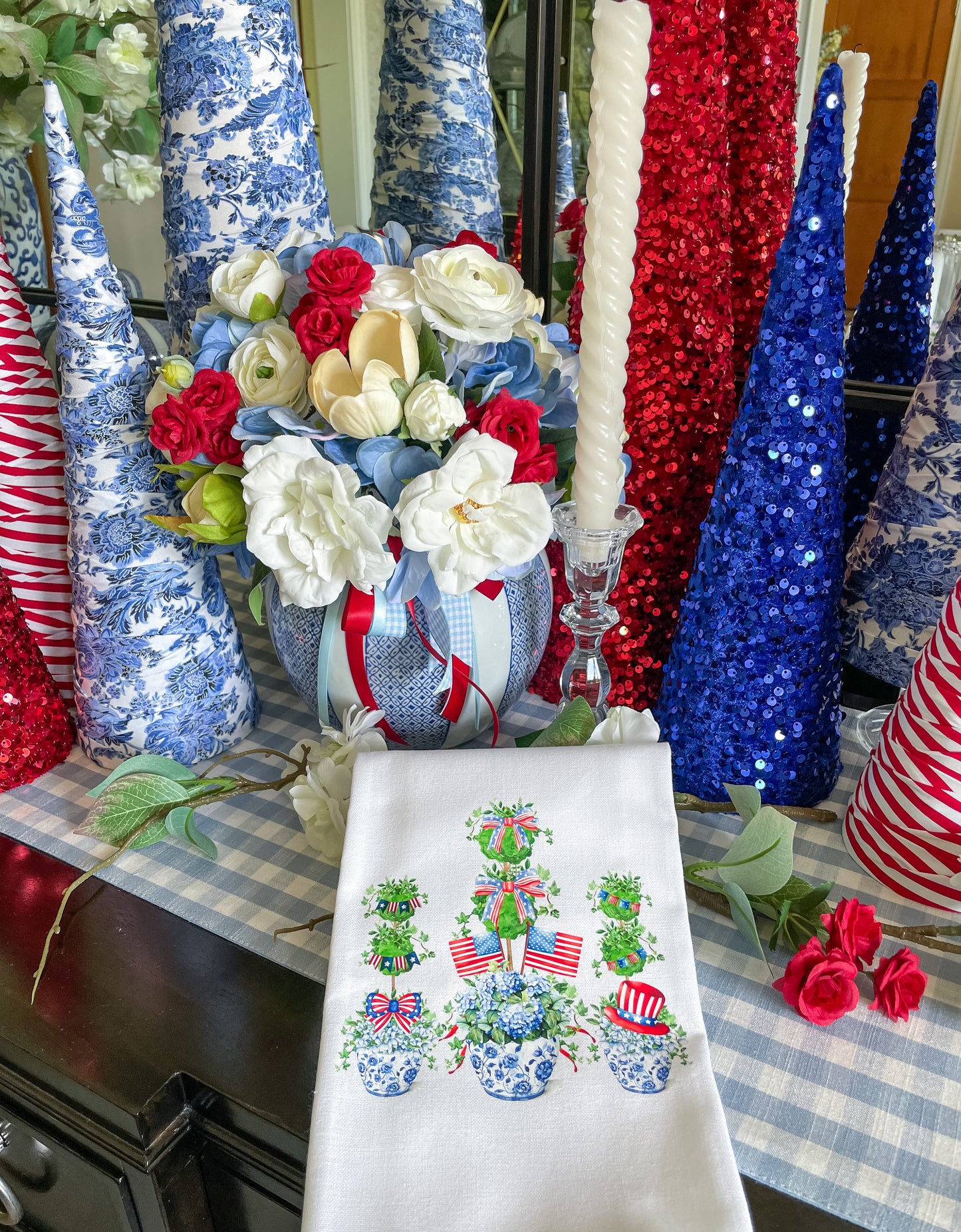 Patriotic Topiaries in Chinoiserie Jars