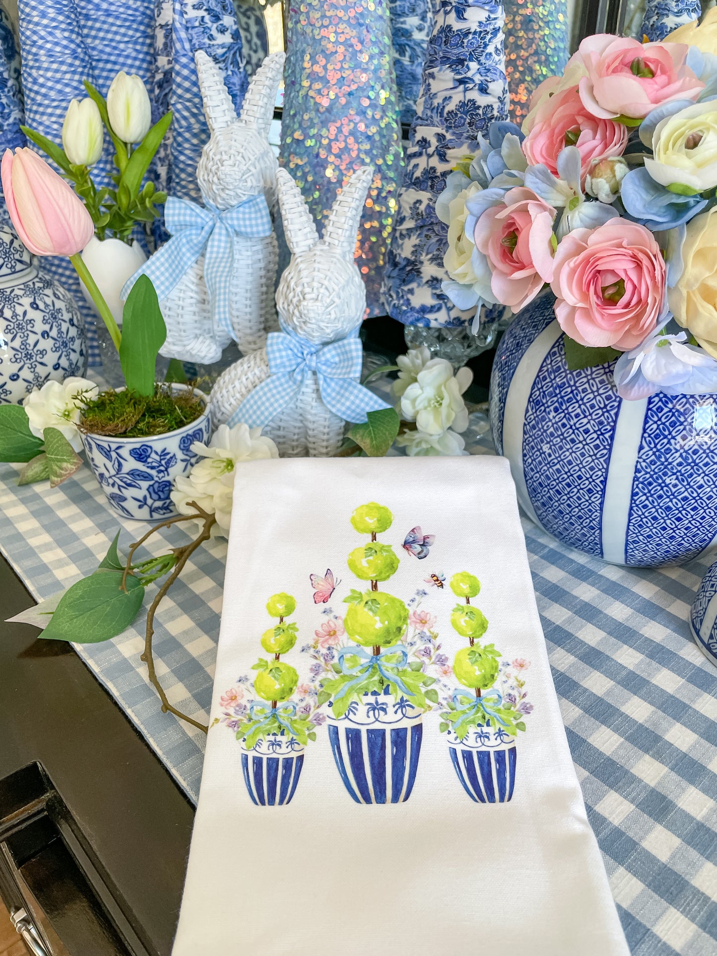 Chinoiserie Jar Topiaries with Butterflies Kitchen Towel