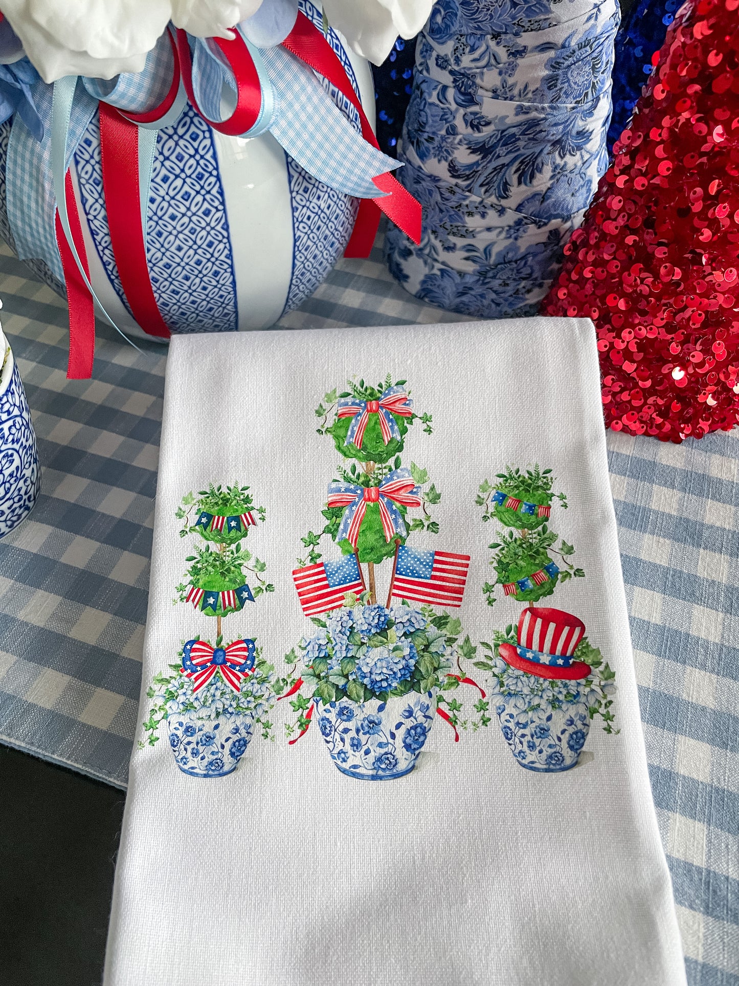 Patriotic Topiaries in Chinoiserie Jars