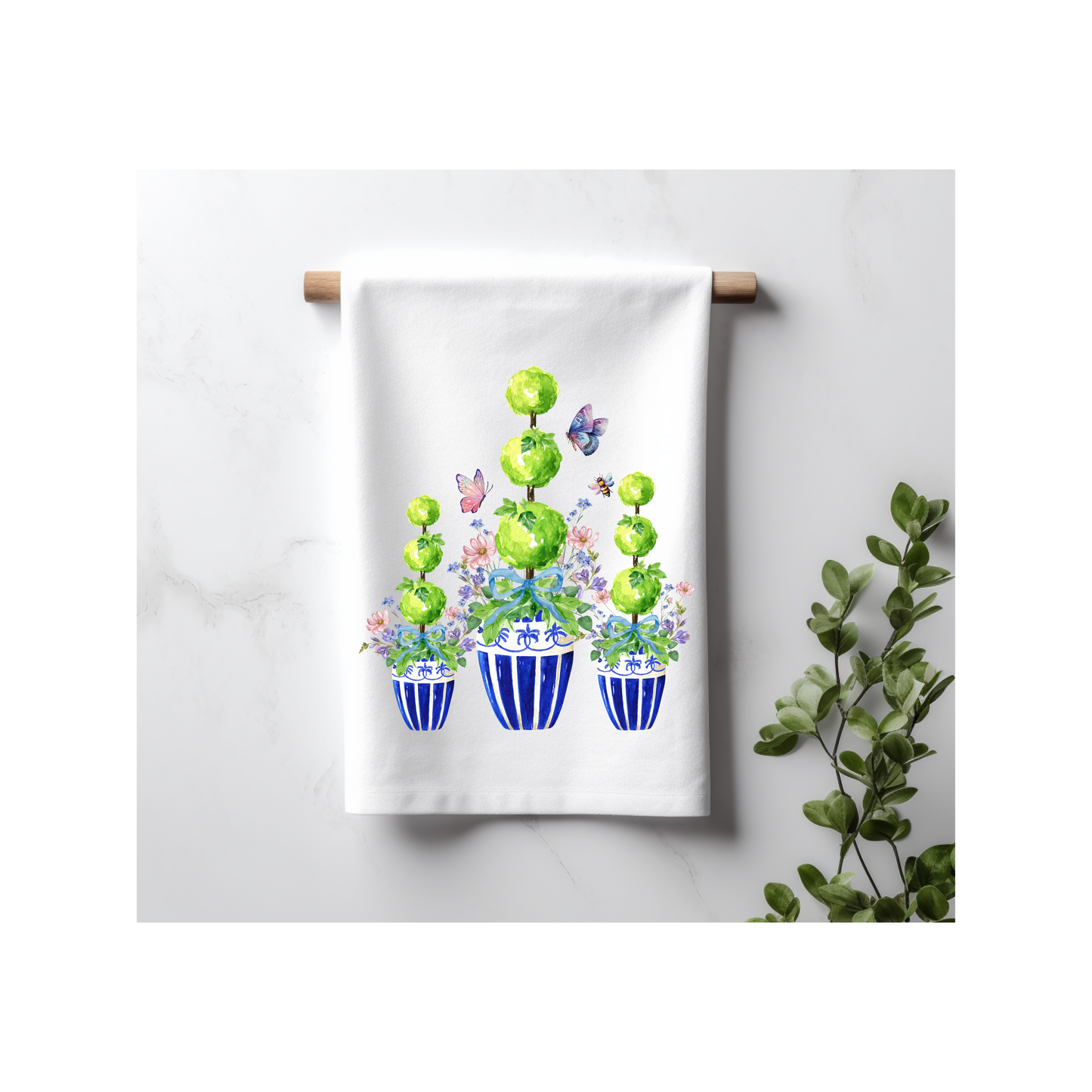 Chinoiserie Jar Topiary with Butterflies Kitchen Towel