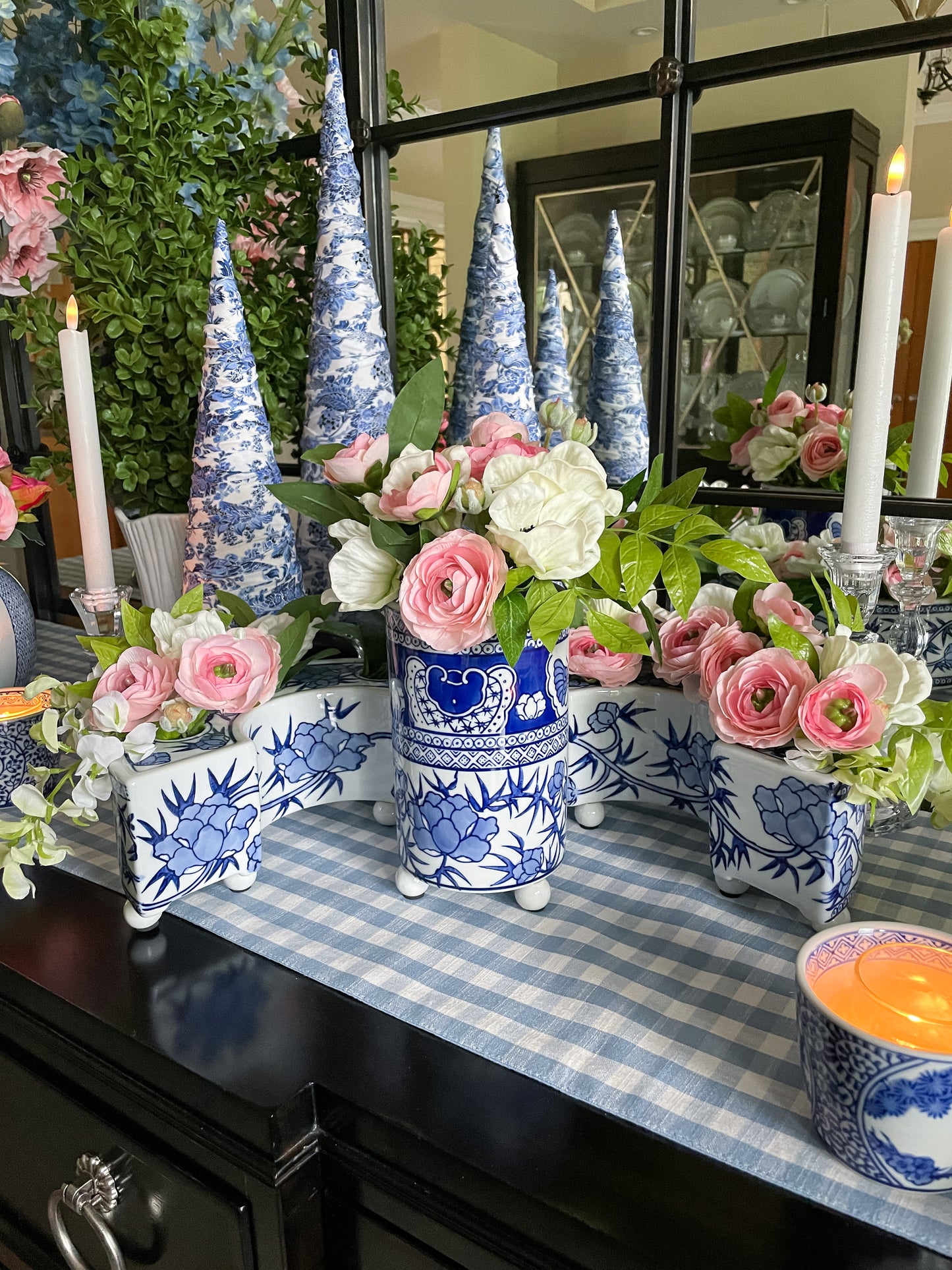 Blue and White Hand-Painted Floral Arranger Set