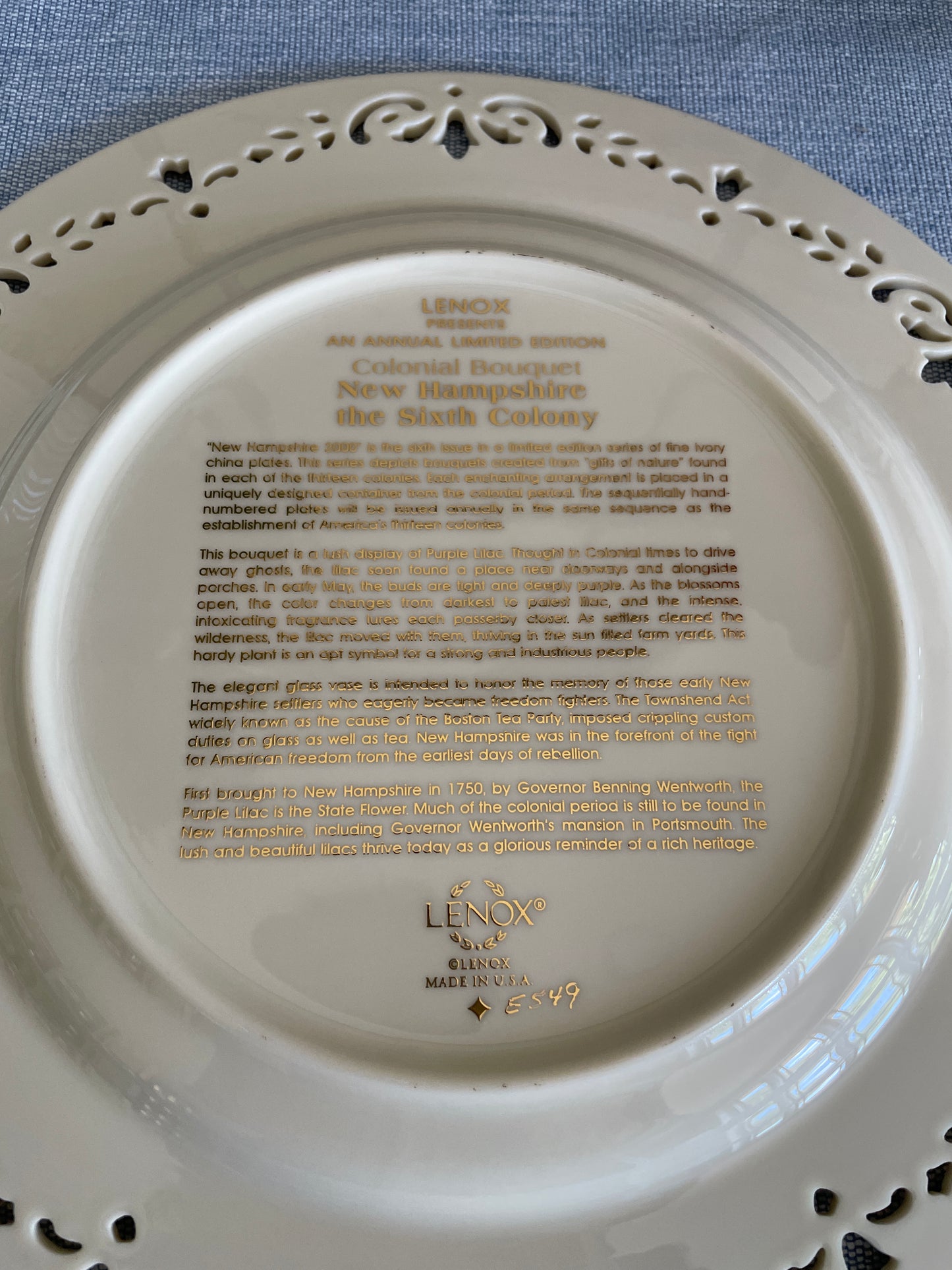Lennox Colonial Bouquet Plate, New Hampshire