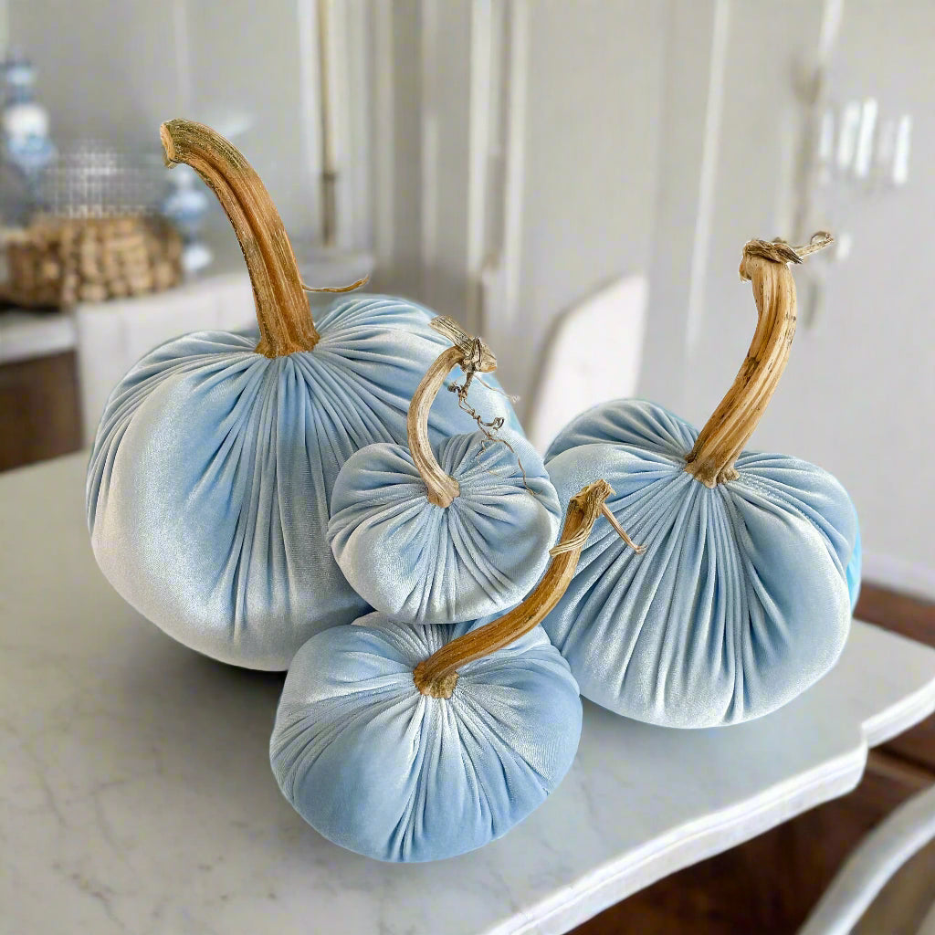 Powder Blue Velvet Pumpkins with Real Stem, Fall Decor,Sold Individually