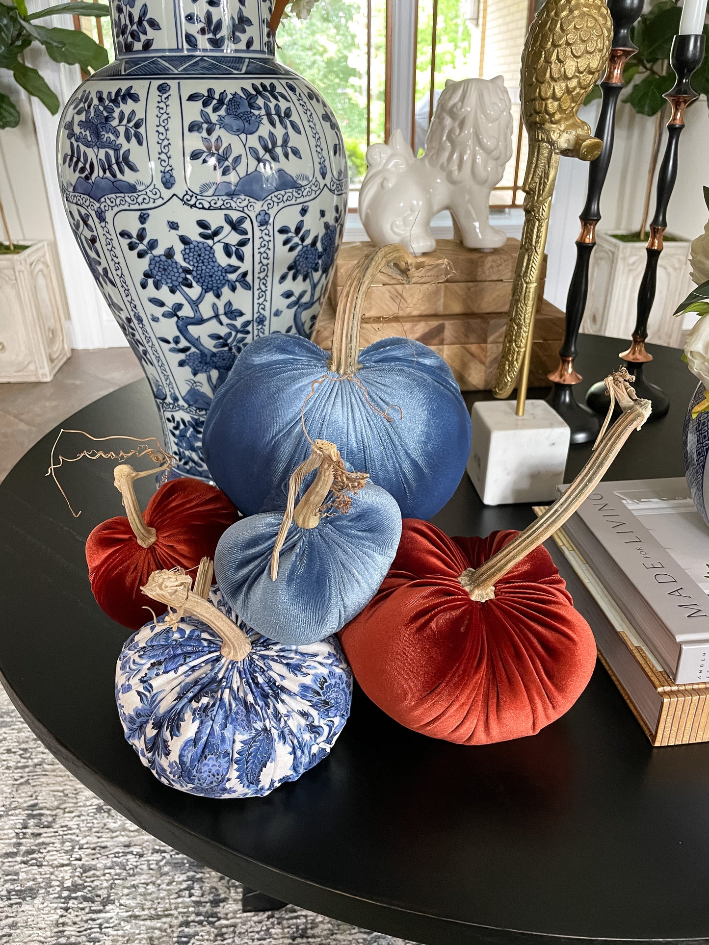 Ocean Blue Velvet Pumpkins with Real Stems, Fall Decor,Sold Individually