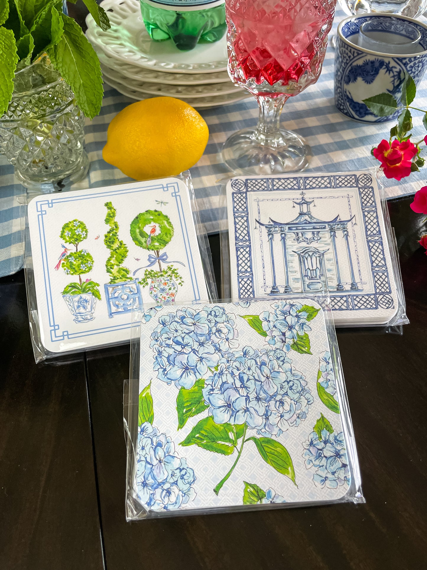 Handpainted Ornate Pagoda Blue Paper Coaster