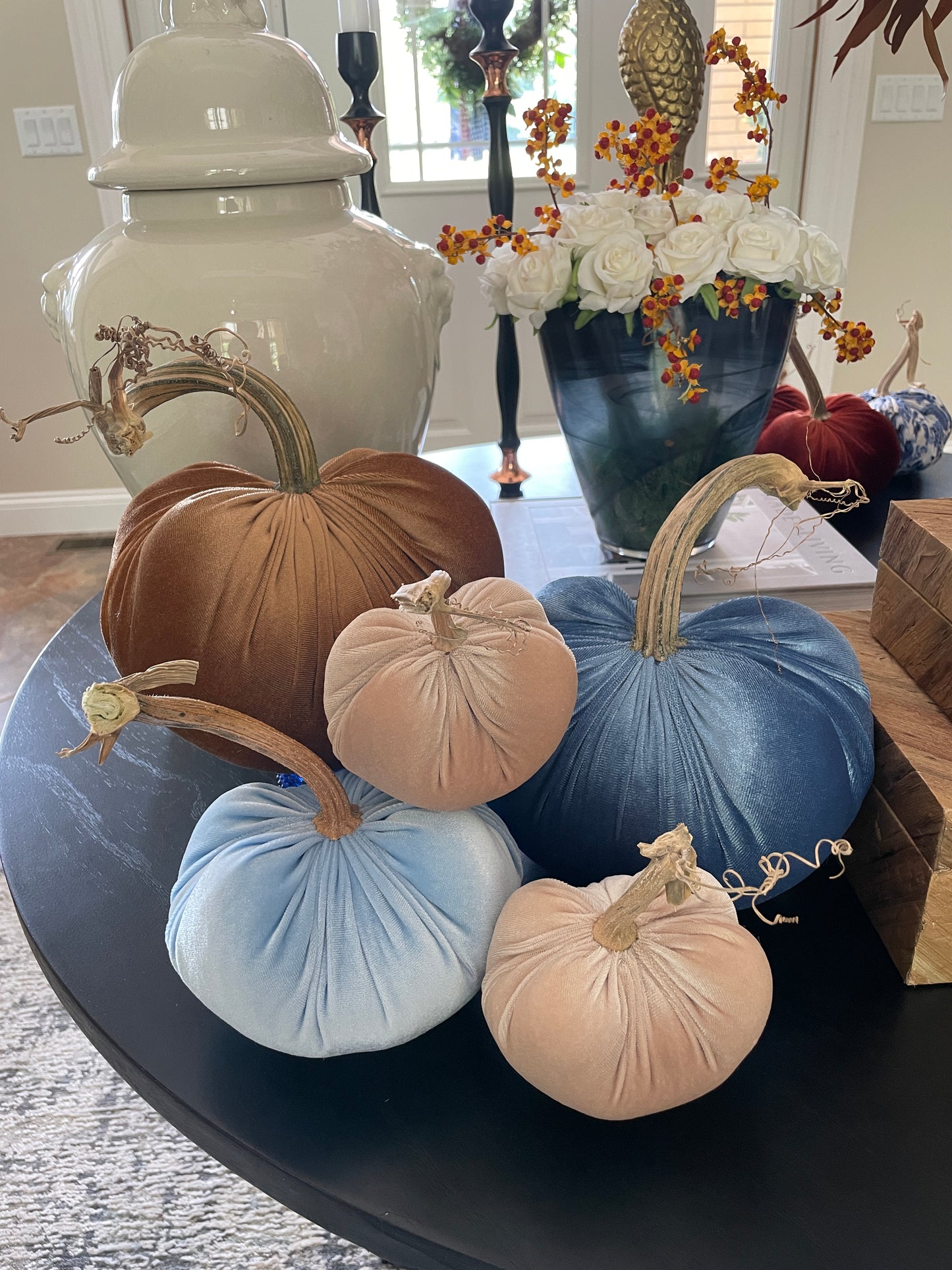 Powder Blue Velvet Pumpkins with Real Stem, Fall Decor,Sold Individually