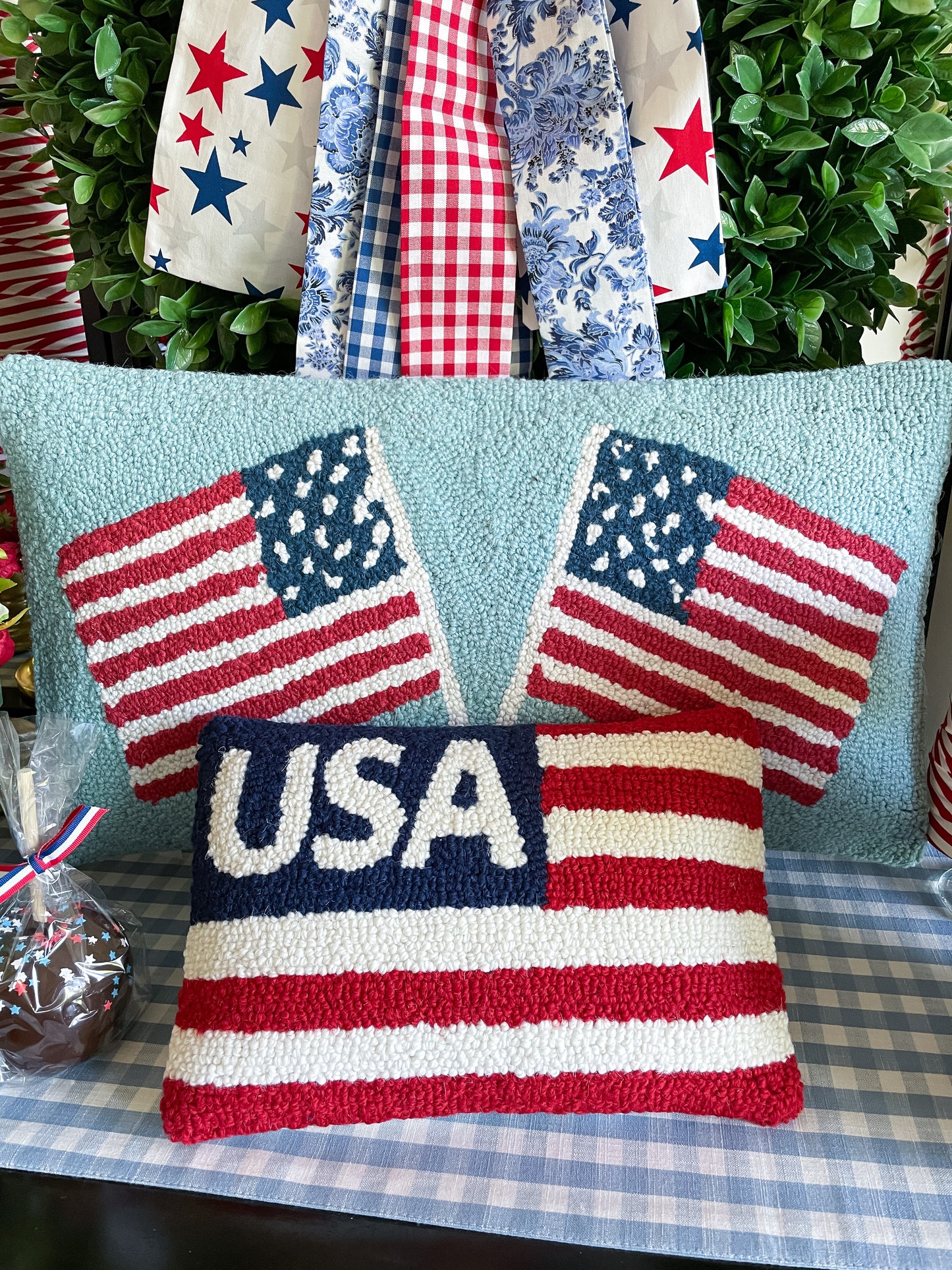 Double American Flags Hook Pillow