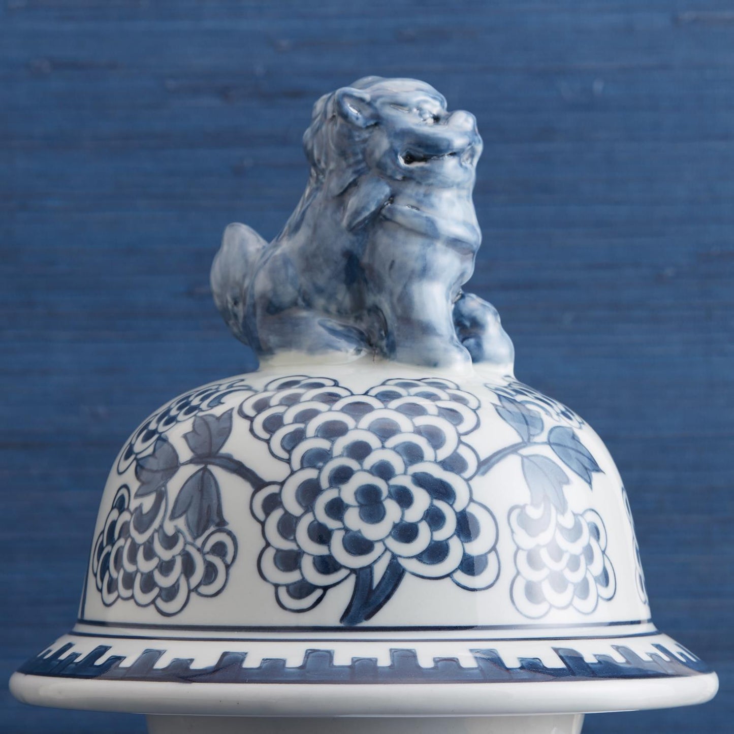 Blue and White Peony Flower Temple Jar with Lion Accents