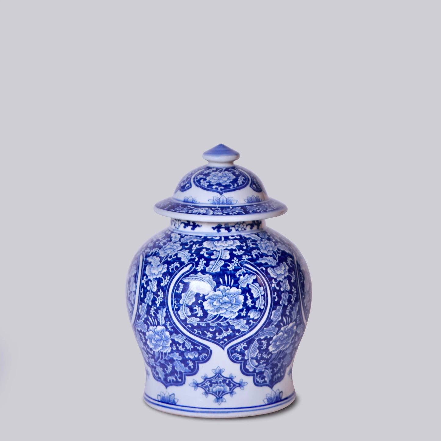 Blue and White Porcelain Floral Cartouche Temple Jar, 13"