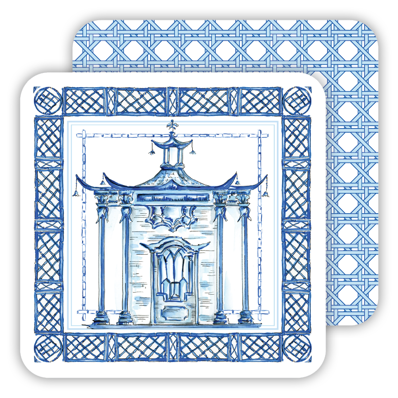 Handpainted Ornate Pagoda Blue Paper Coaster