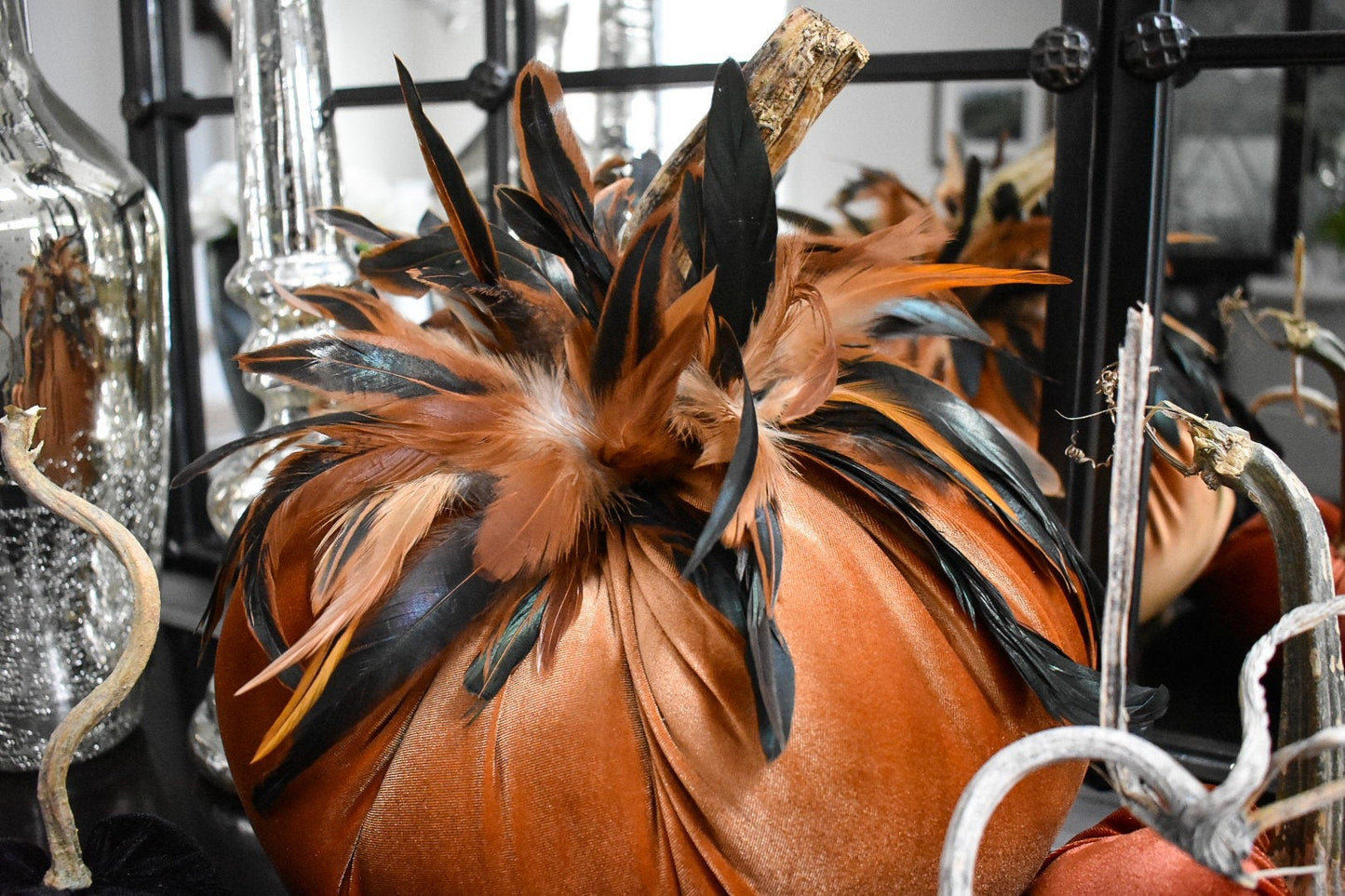 Velvet Pumpkin in Copper with Rooster Hackle Feathers