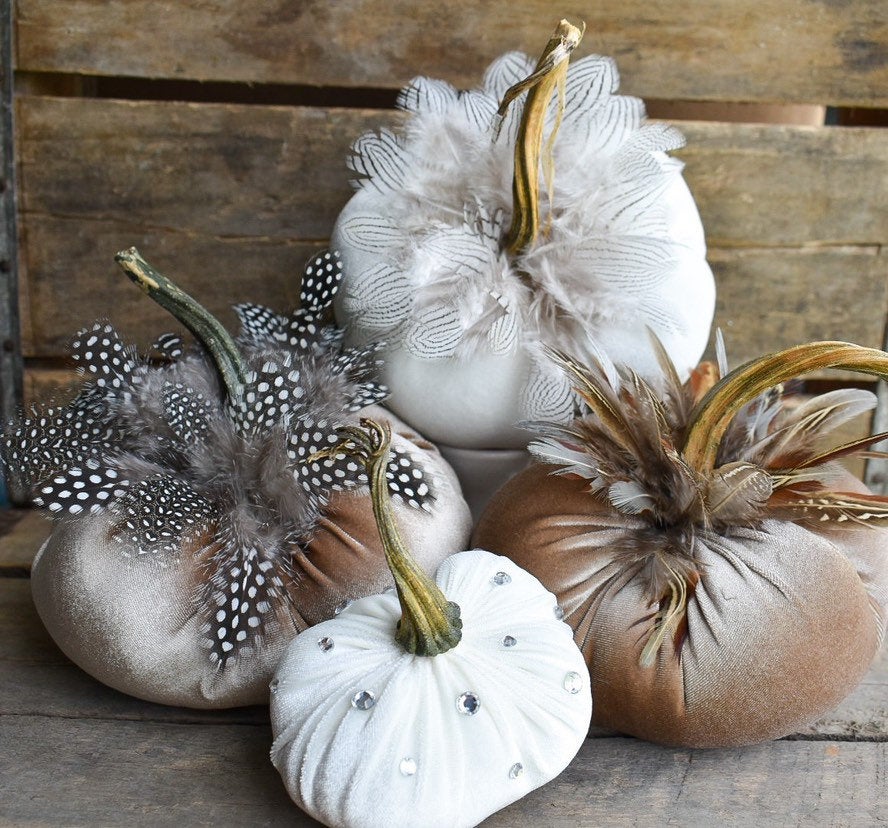 Velvet Pumpkin in Cream with Silver Pheasant Feathers