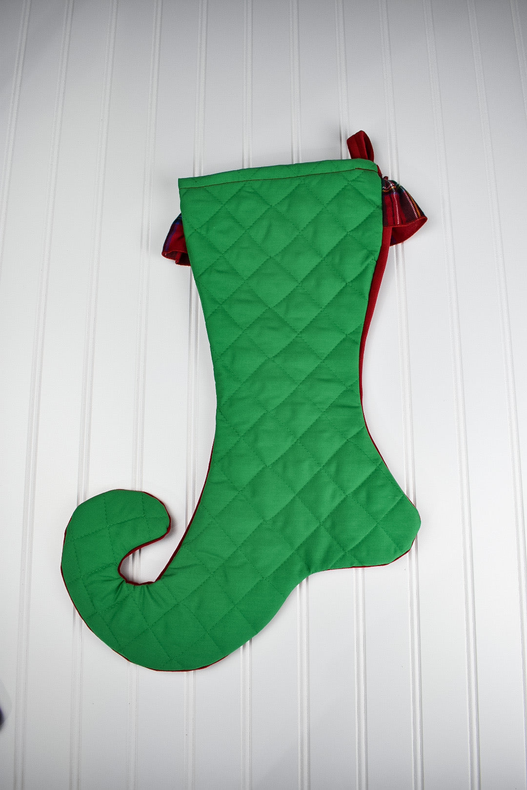 Red Velvet Christmas Stocking with Tartan Ruffle Trim