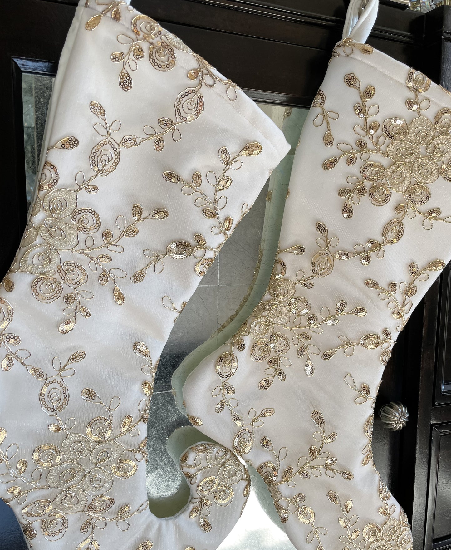 White Velvet Christmas Stocking with Gold Sequin Overlay