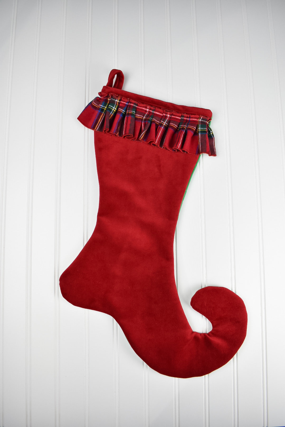 Red Velvet Christmas Stocking with Tartan Ruffle Trim
