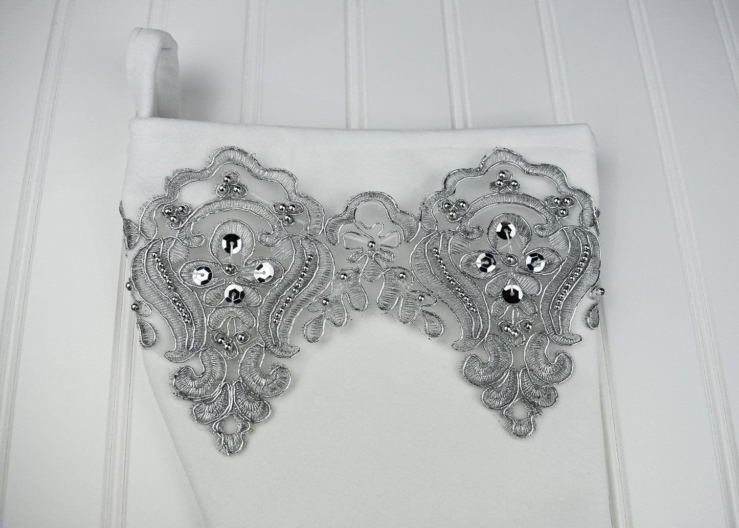 White Velvet Christmas Stocking with Silver Lace Trim