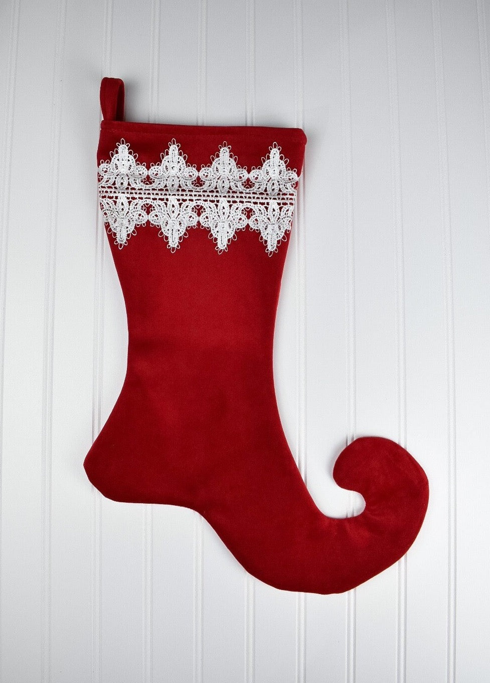 Red Velvet Christmas Stocking with White Lace Trim