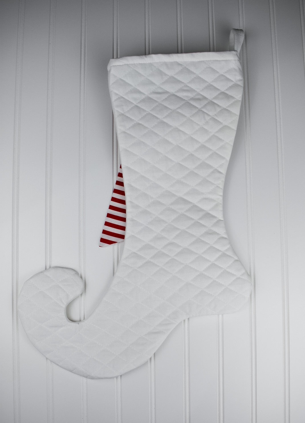 White Velvet Christmas Stocking with Candy Cane Bow