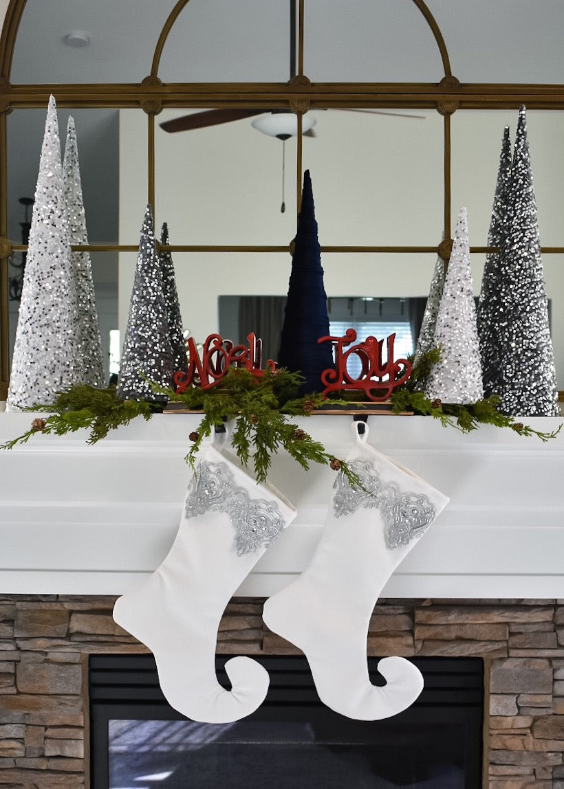 White Velvet Christmas Stocking with Silver Lace Trim