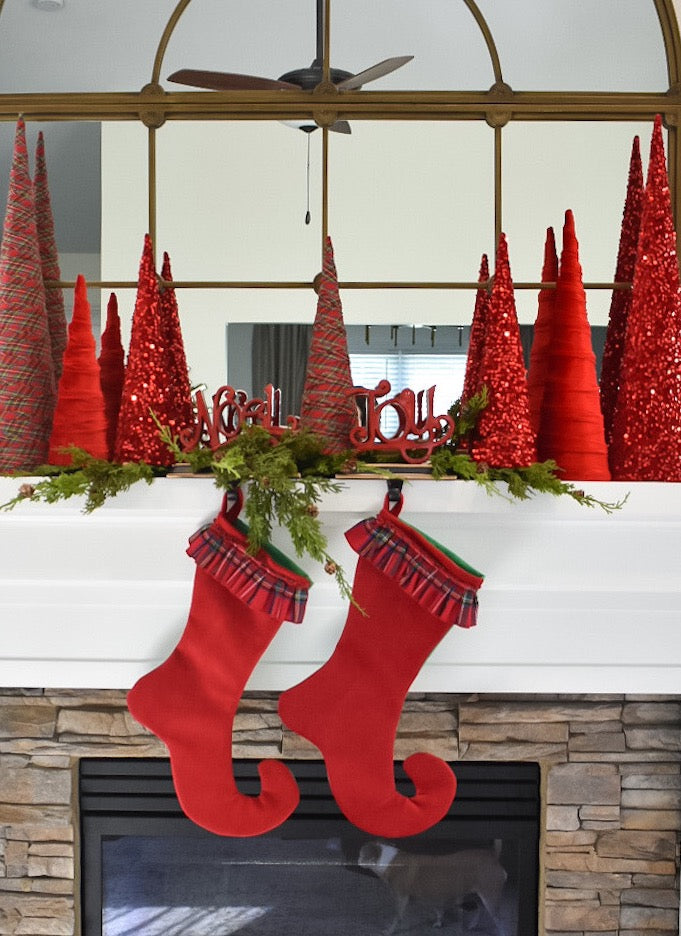 Red Velvet Christmas Stocking with Tartan Ruffle Trim