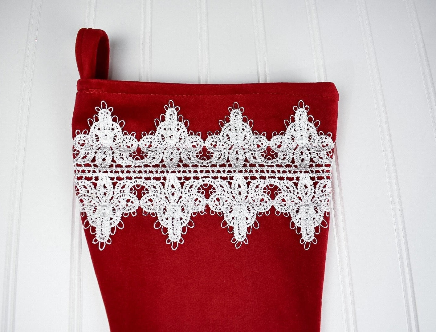 Red Velvet Christmas Stocking with White Lace Trim