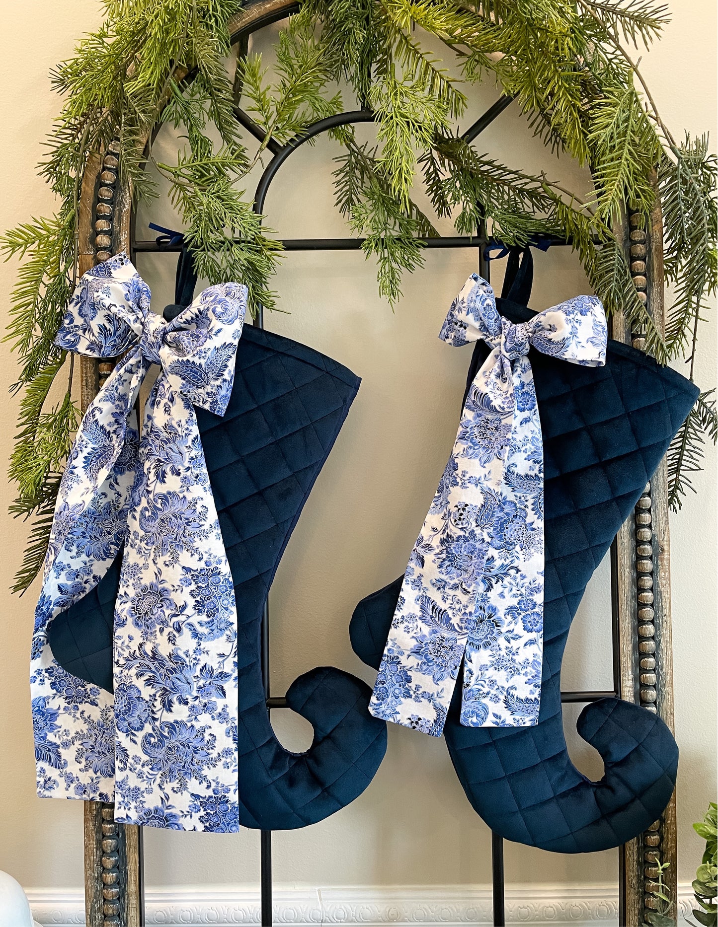 Navy Velvet Christmas Stocking with Chinoiserie Bow