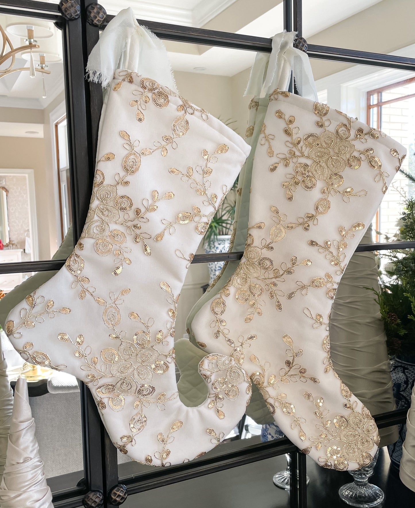 White Velvet Christmas Stocking with Gold Sequin Overlay
