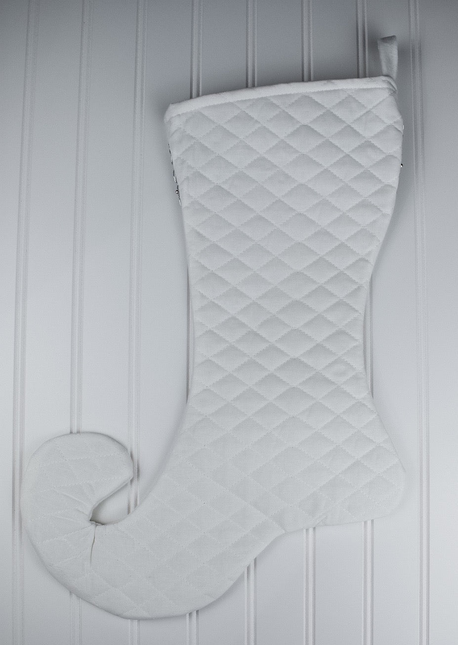 White Velvet Christmas Stocking with Silver Lace Trim
