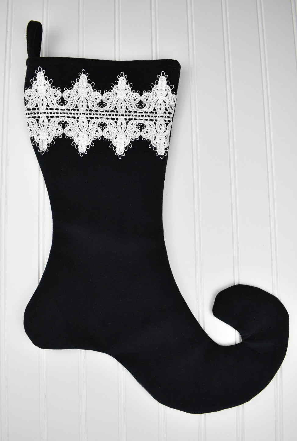 Black Velvet Christmas Stocking with White Lace Trim