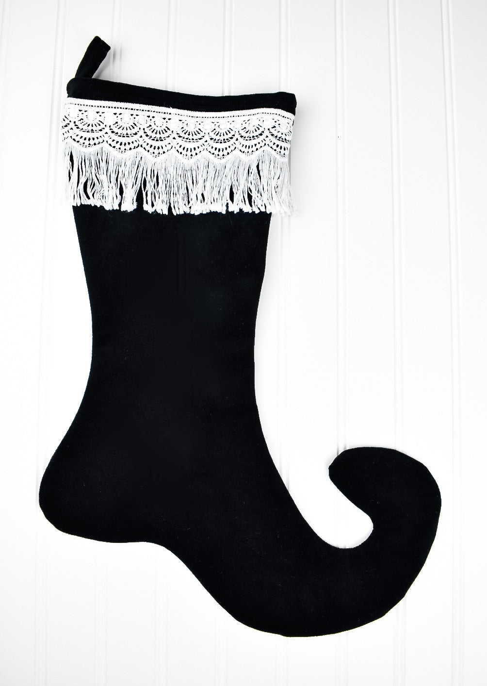 Black Velvet Christmas Stocking with White Fringe Trim